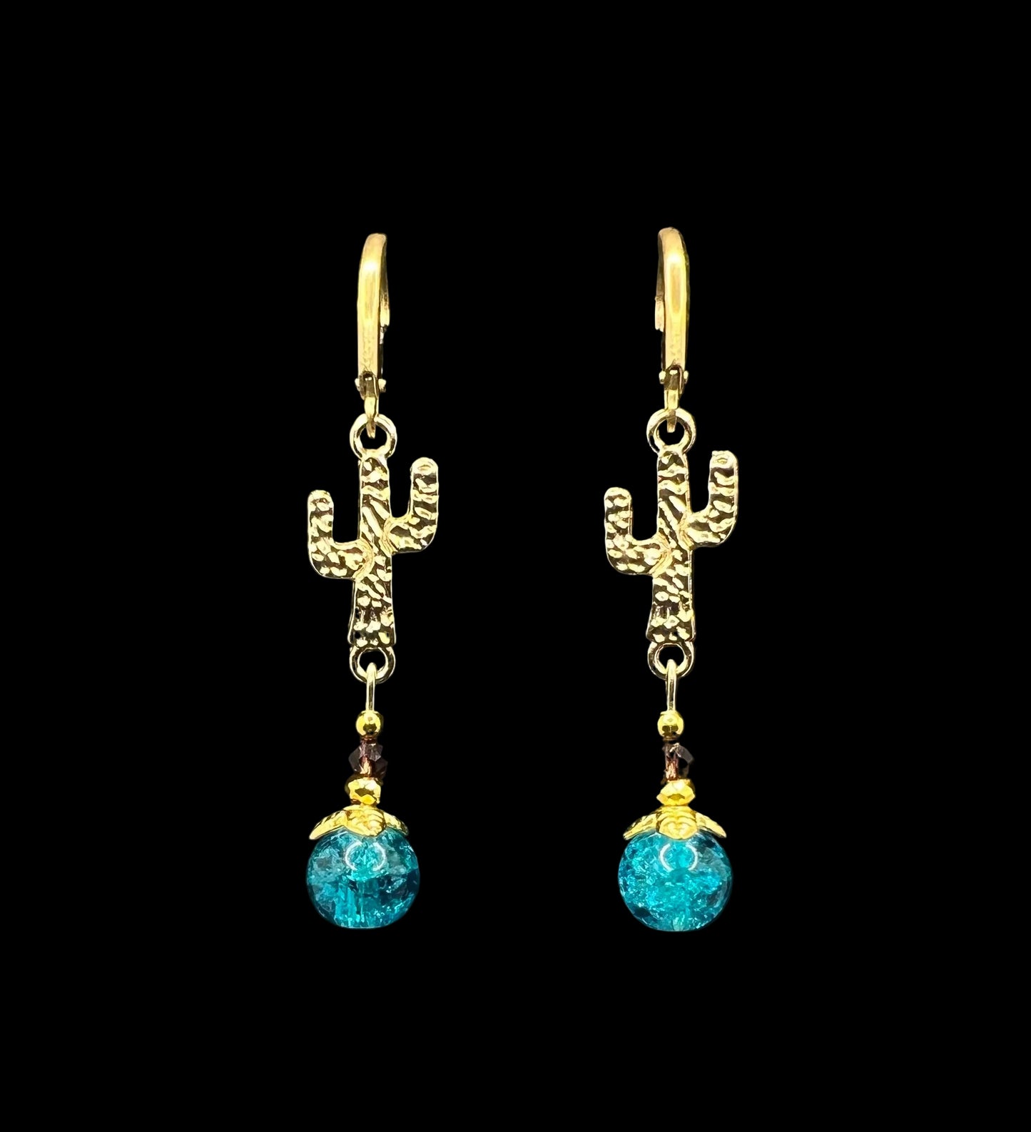 Gold Saguaro Cactus & Aqua Blue Bead Earrings