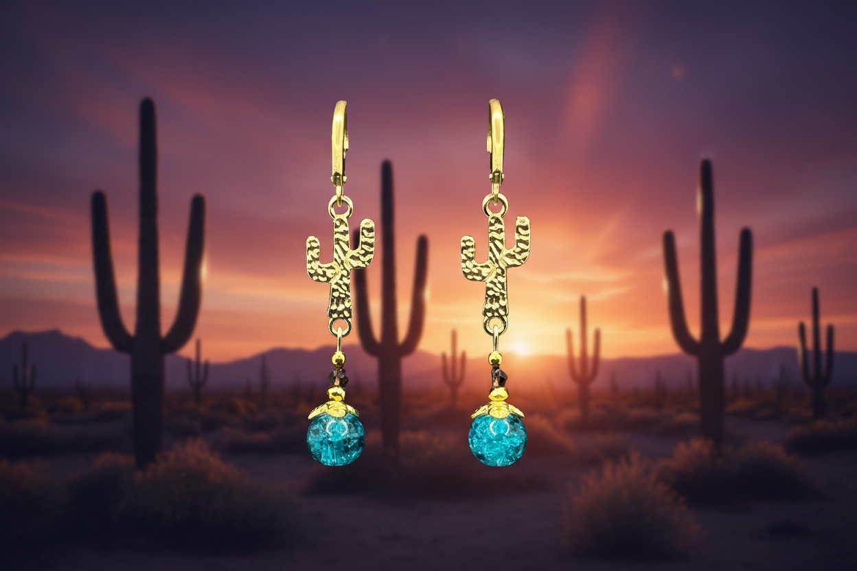 Gold Saguaro Cactus & Aqua Blue Bead Earrings