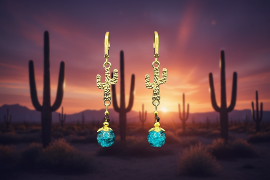 Gold Saguaro Cactus & Aqua Blue Bead Earrings