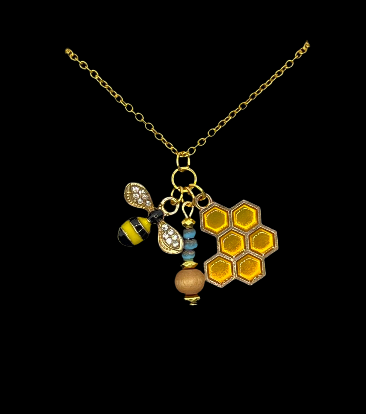 Gold Honeycomb, Bee & Turquoise/Wood bead Necklace