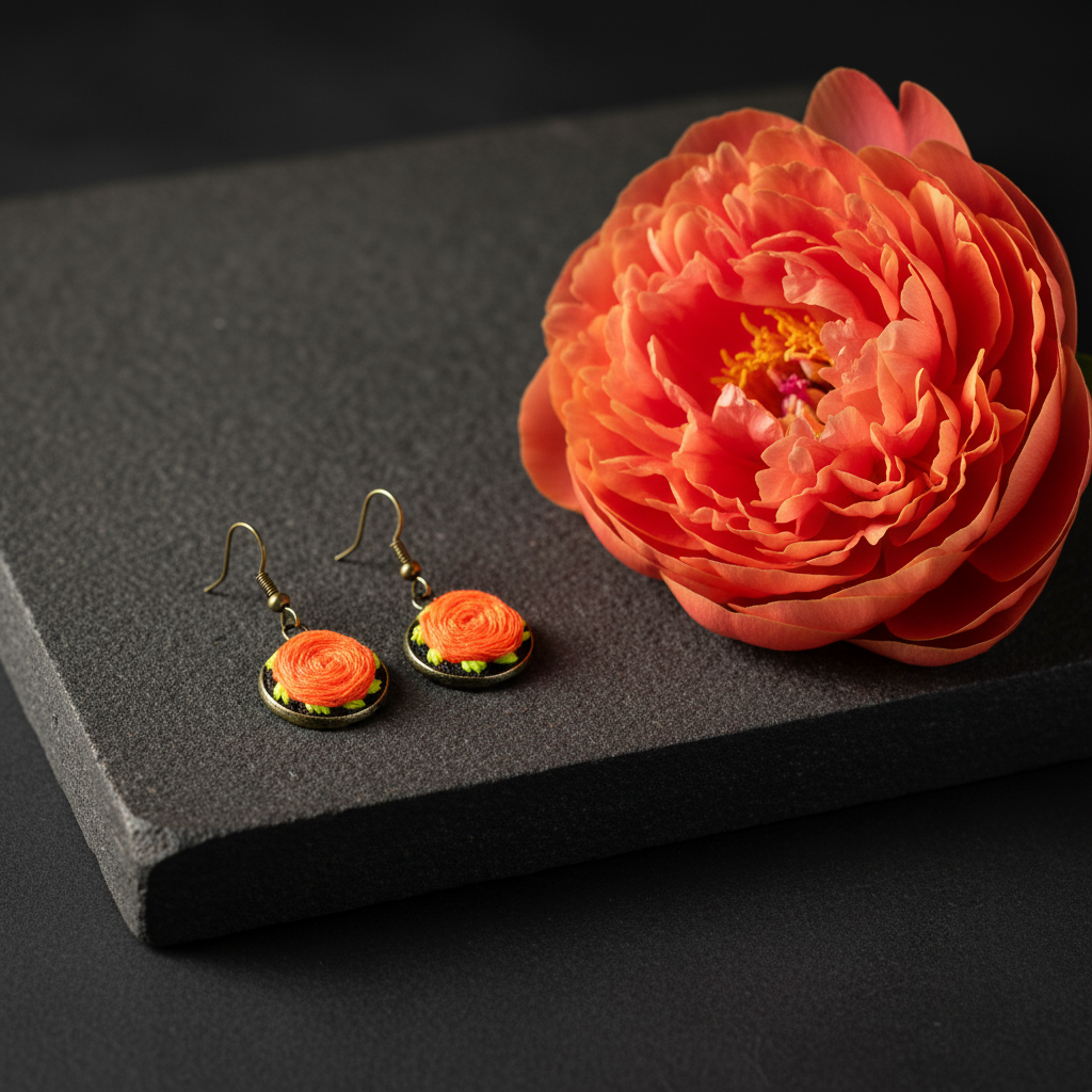 Embroidered Neon Peony Earrings
