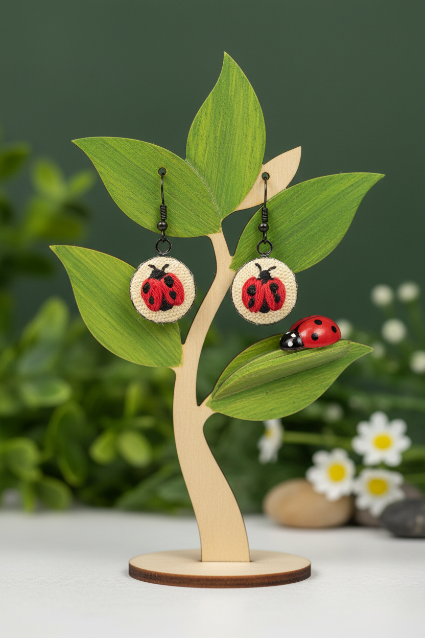Embroidered Ladybug Earrings