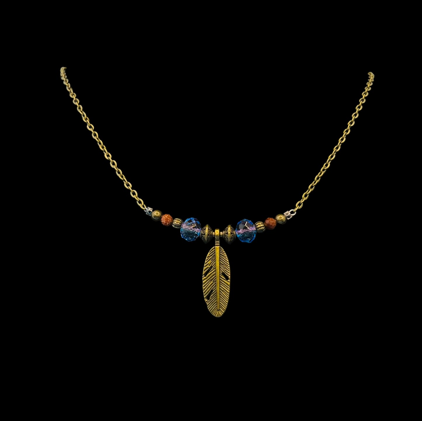 Bronze Feather and Goldstone Beaded Wire Chain Necklace