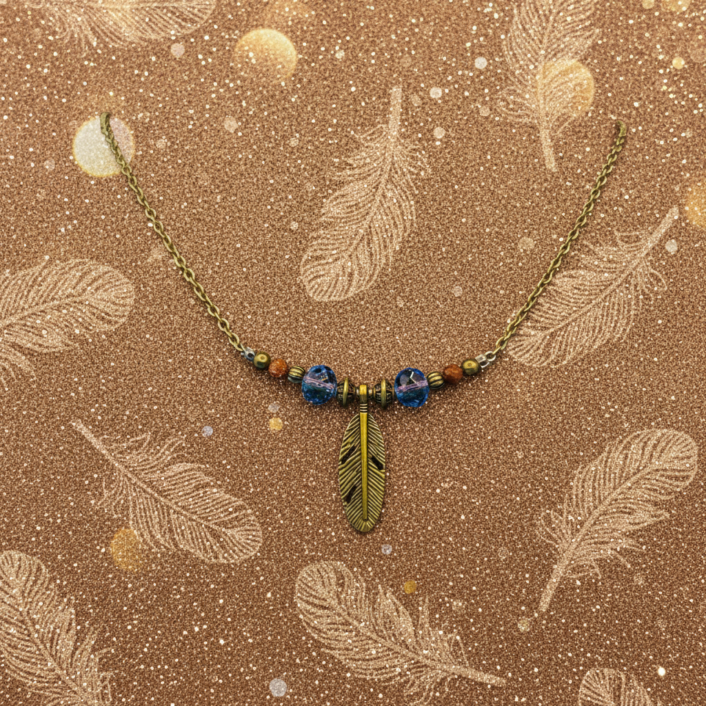Bronze Feather and Goldstone Beaded Wire Chain Necklace