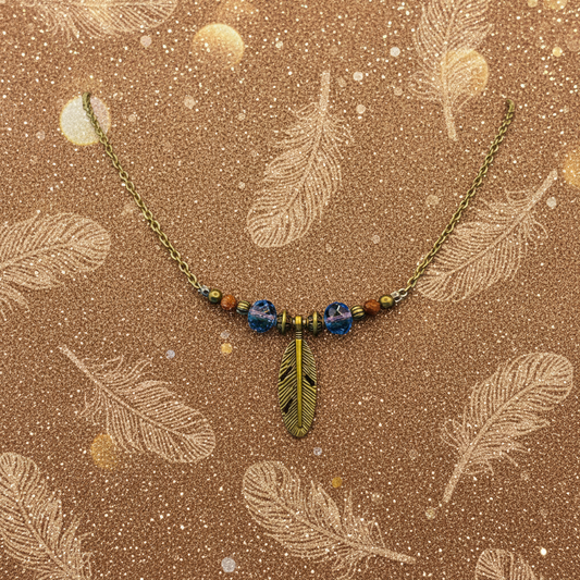 Bronze Feather and Goldstone Beaded Wire Chain Necklace