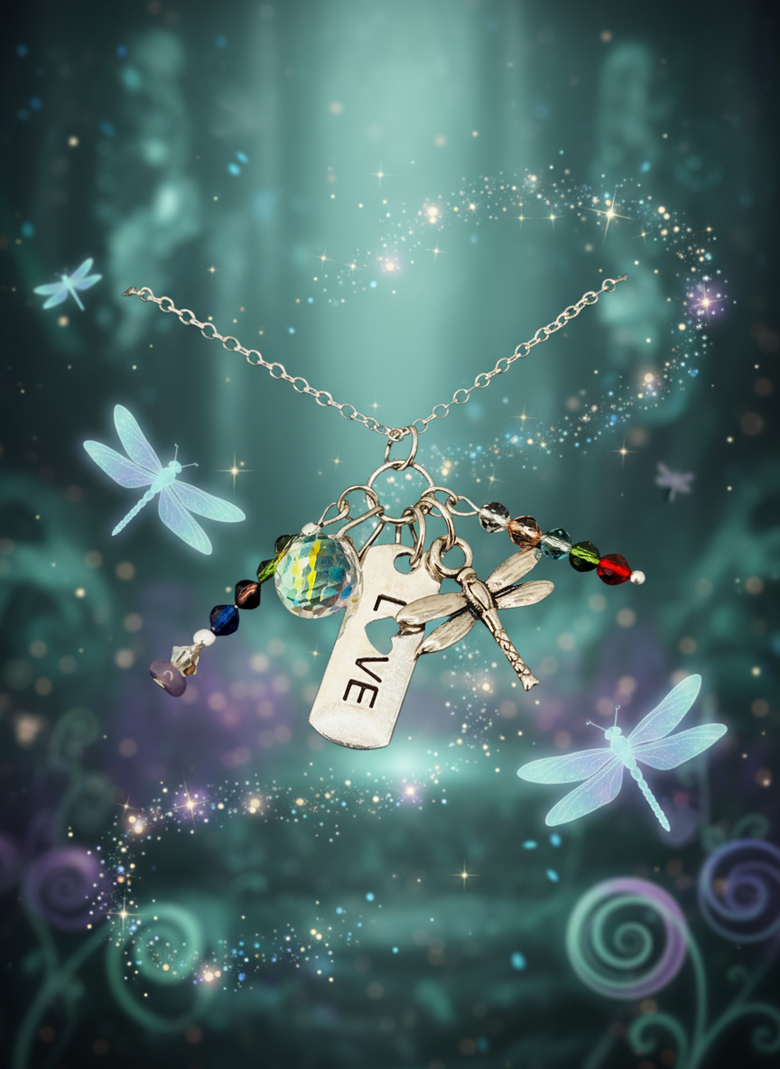 Dragonfly & Love Cluster Pendant Necklace