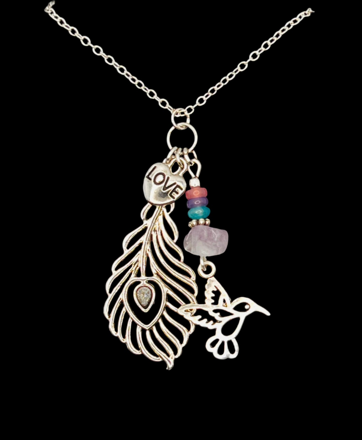 Peacock & Hummingbird Feather Necklace
