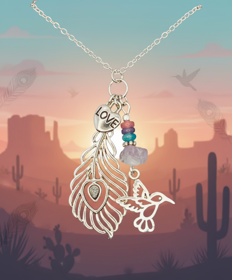 Peacock & Hummingbird Feather Necklace