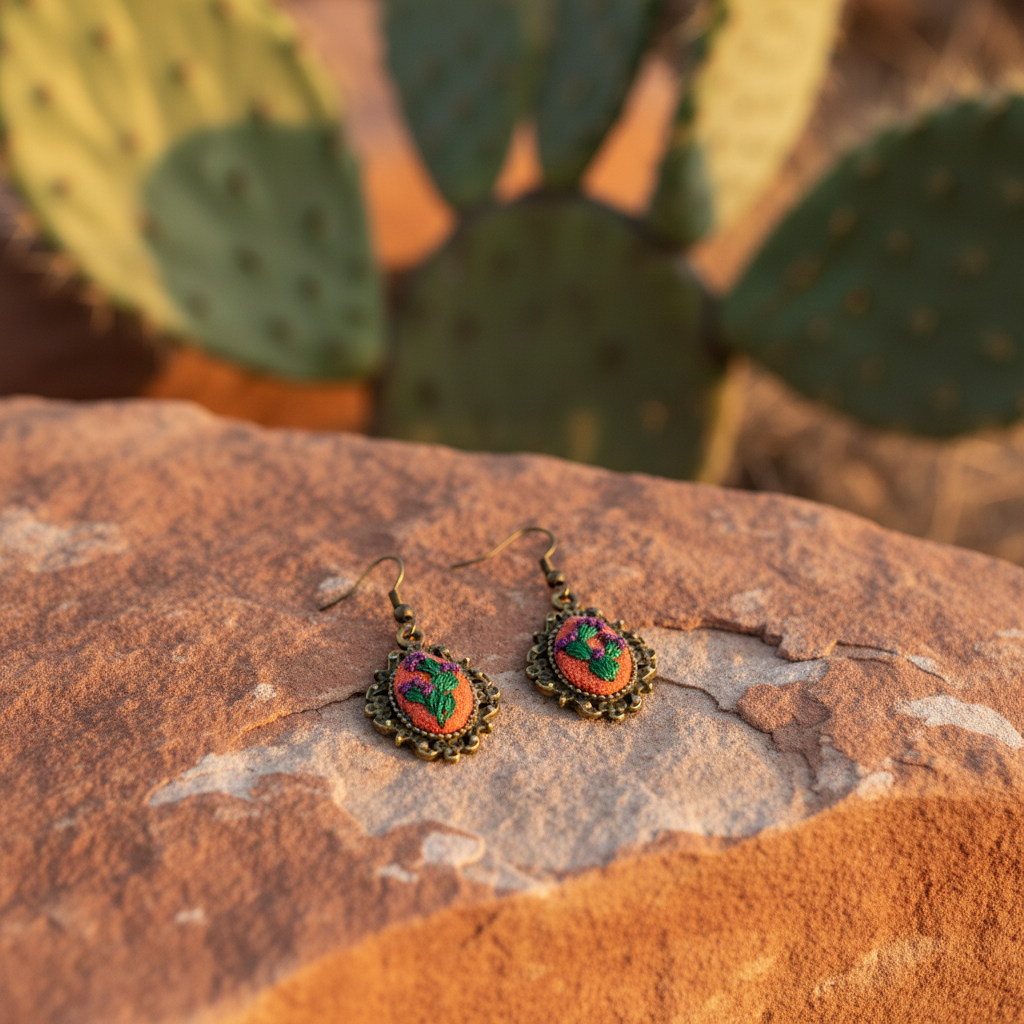Embroidered Prickly Pear Cactus Earrings