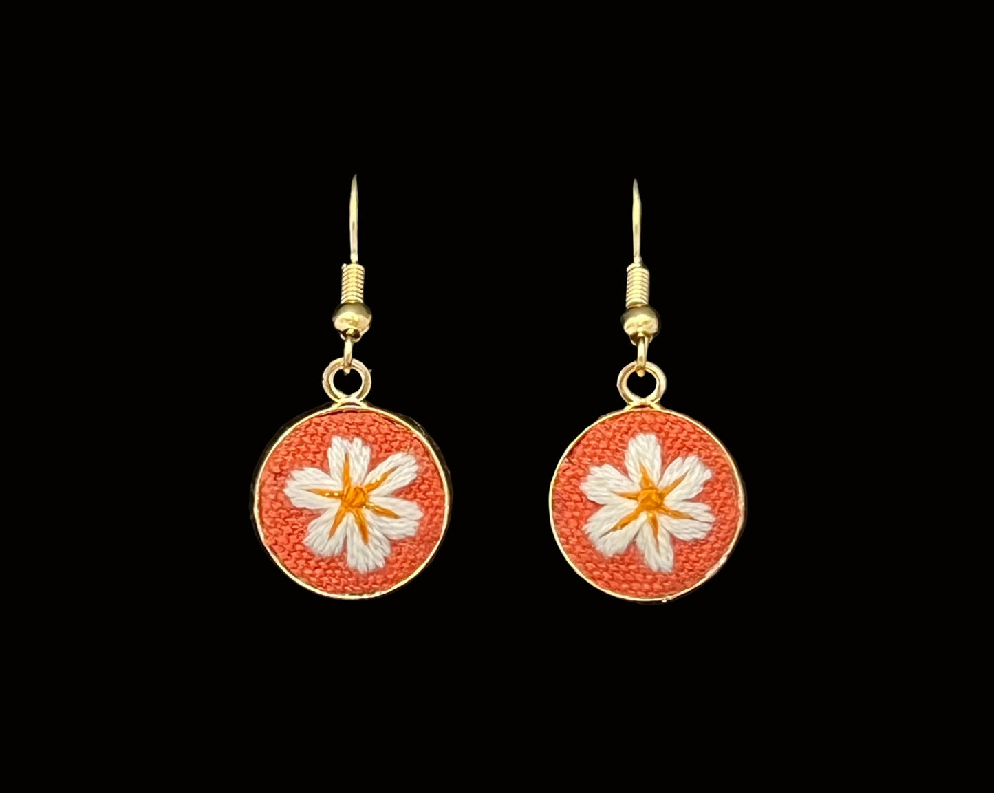 Embroidered White Plumeria Gold Earrings