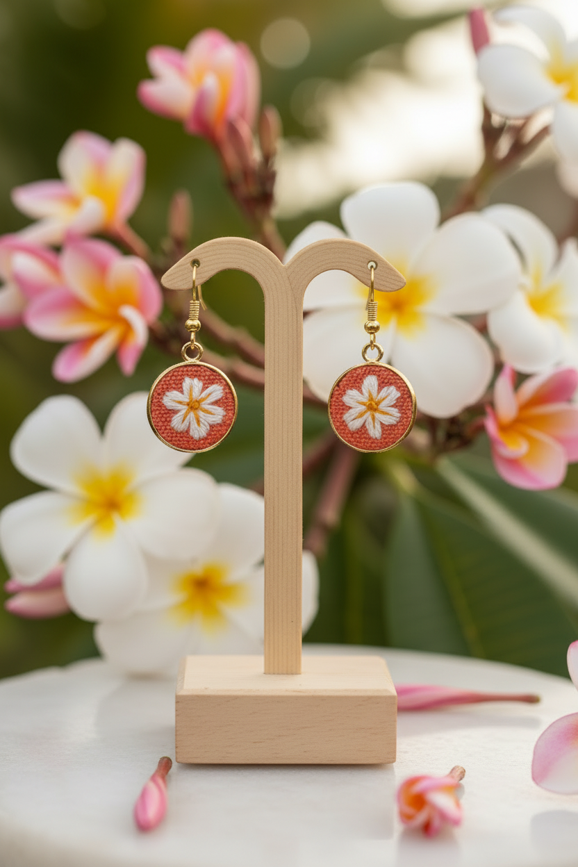 Embroidered White Plumeria Gold Earrings