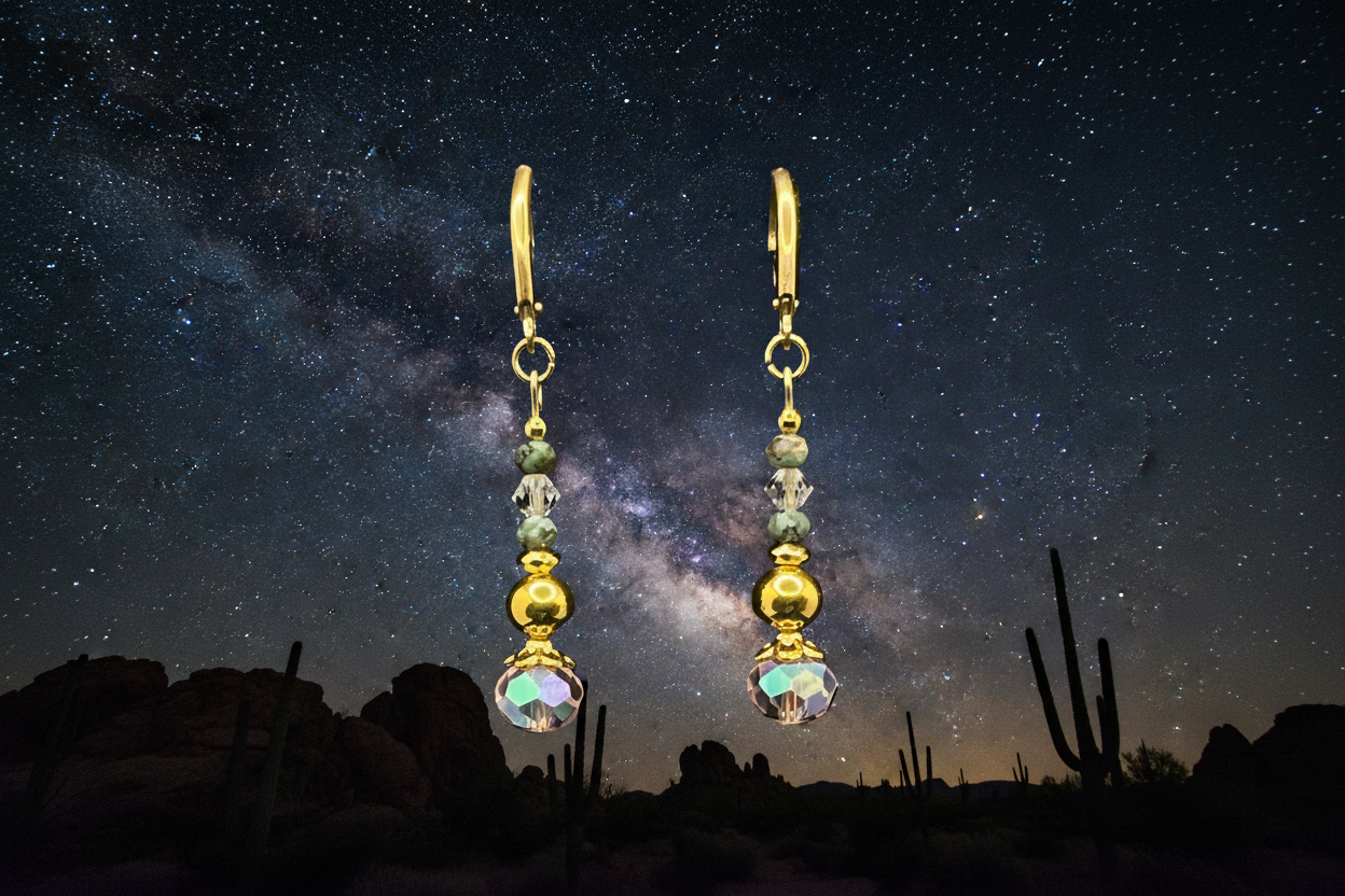 Pink Crystal & Turquoise Lever-Back Earrings