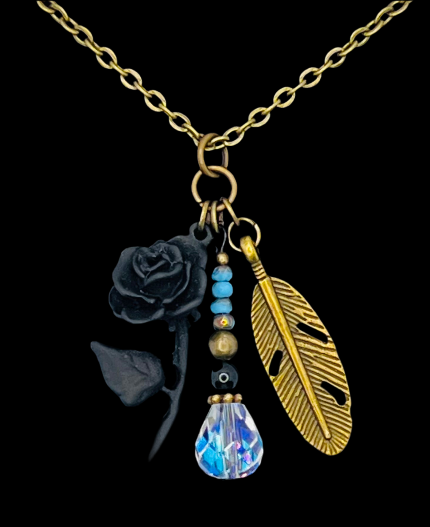 Black Rose & Feather Bronze Necklace