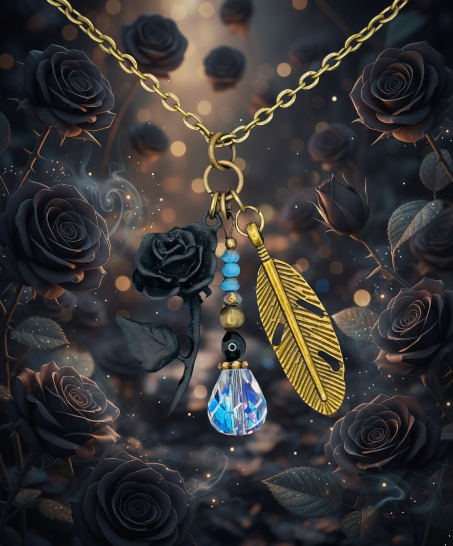 Black Rose & Feather Bronze Necklace