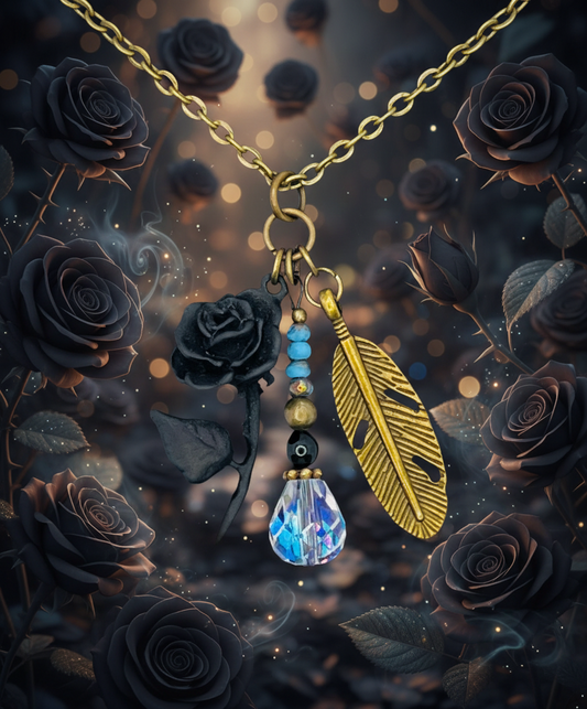 Black Rose & Feather Bronze Necklace