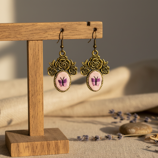 Embroidered Butterfly Bronze Earrings