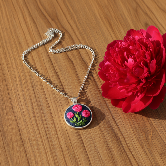 Red Peony Embroidered Pendant