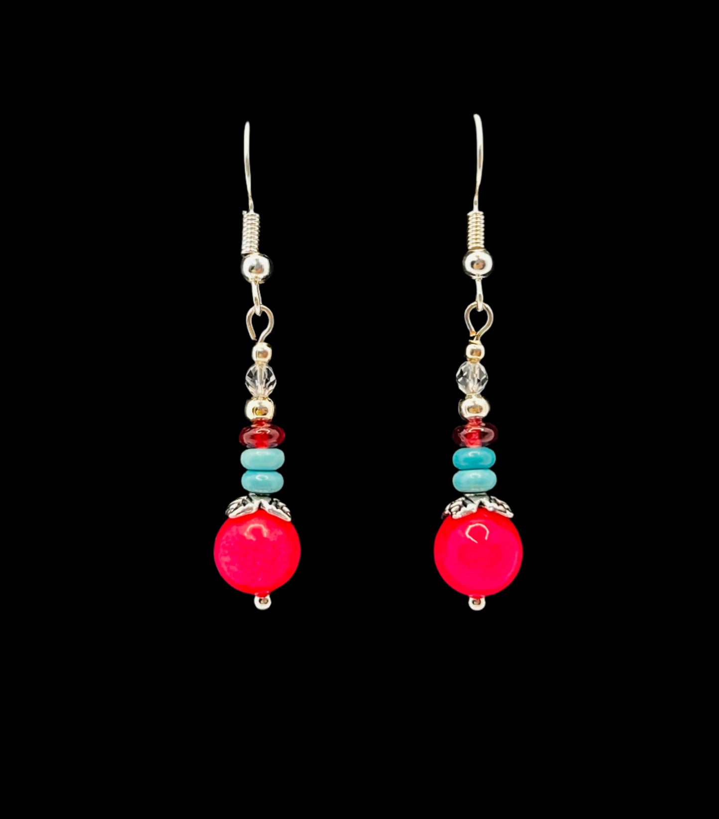Hot Pink, Turquoise & Garnet Beaded Earrings
