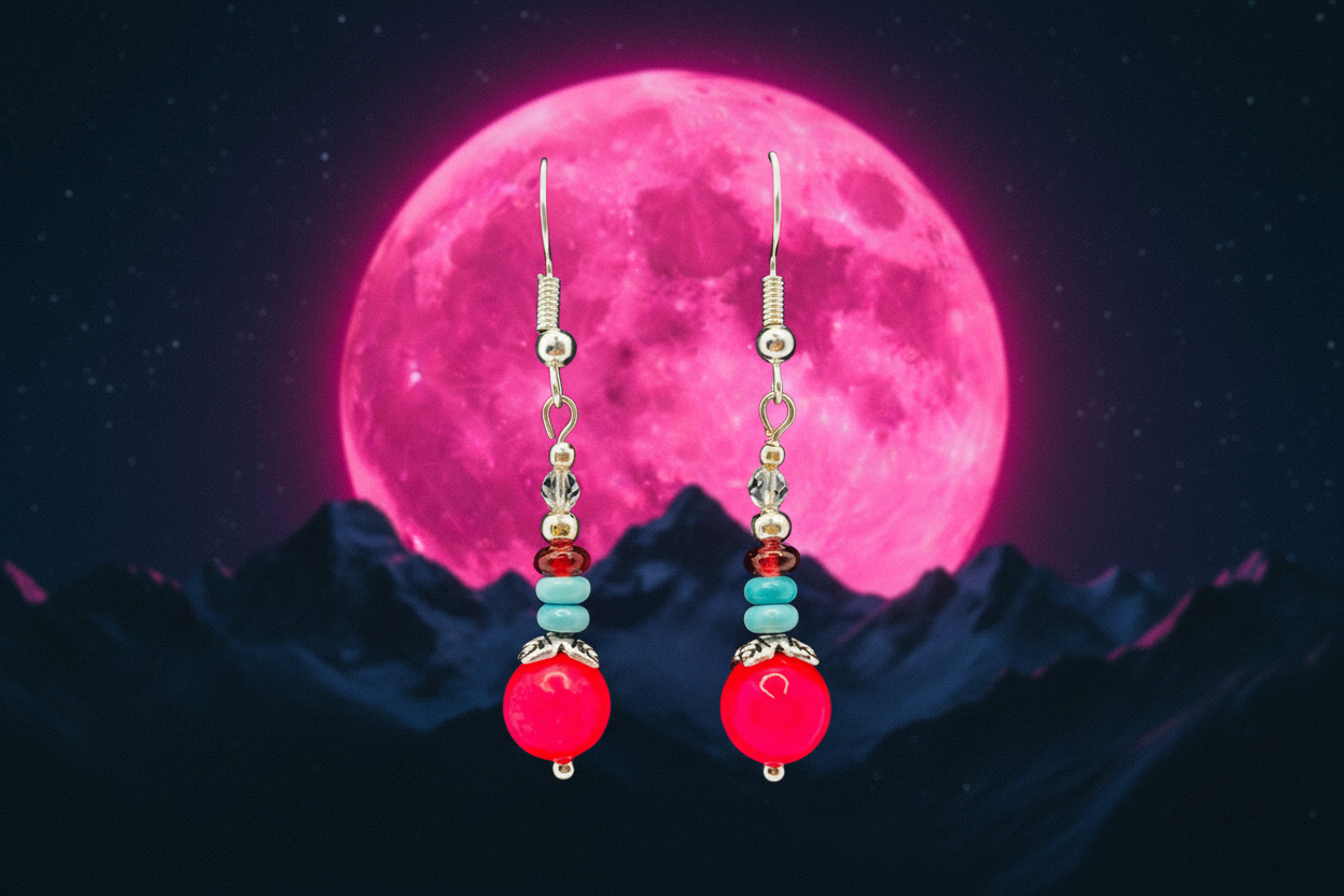 Hot Pink, Turquoise & Garnet Beaded Earrings