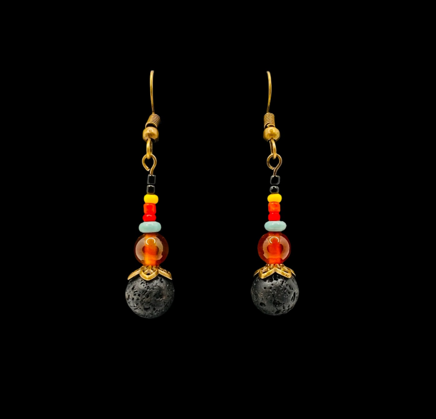 Lava Stone, Orange Carnelian, Turquoise & Multicolored Beaded Earrings (Bronze)