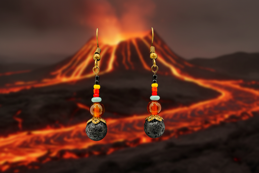 Lava Stone, Orange Carnelian, Turquoise & Multicolored Beaded Earrings (Bronze)