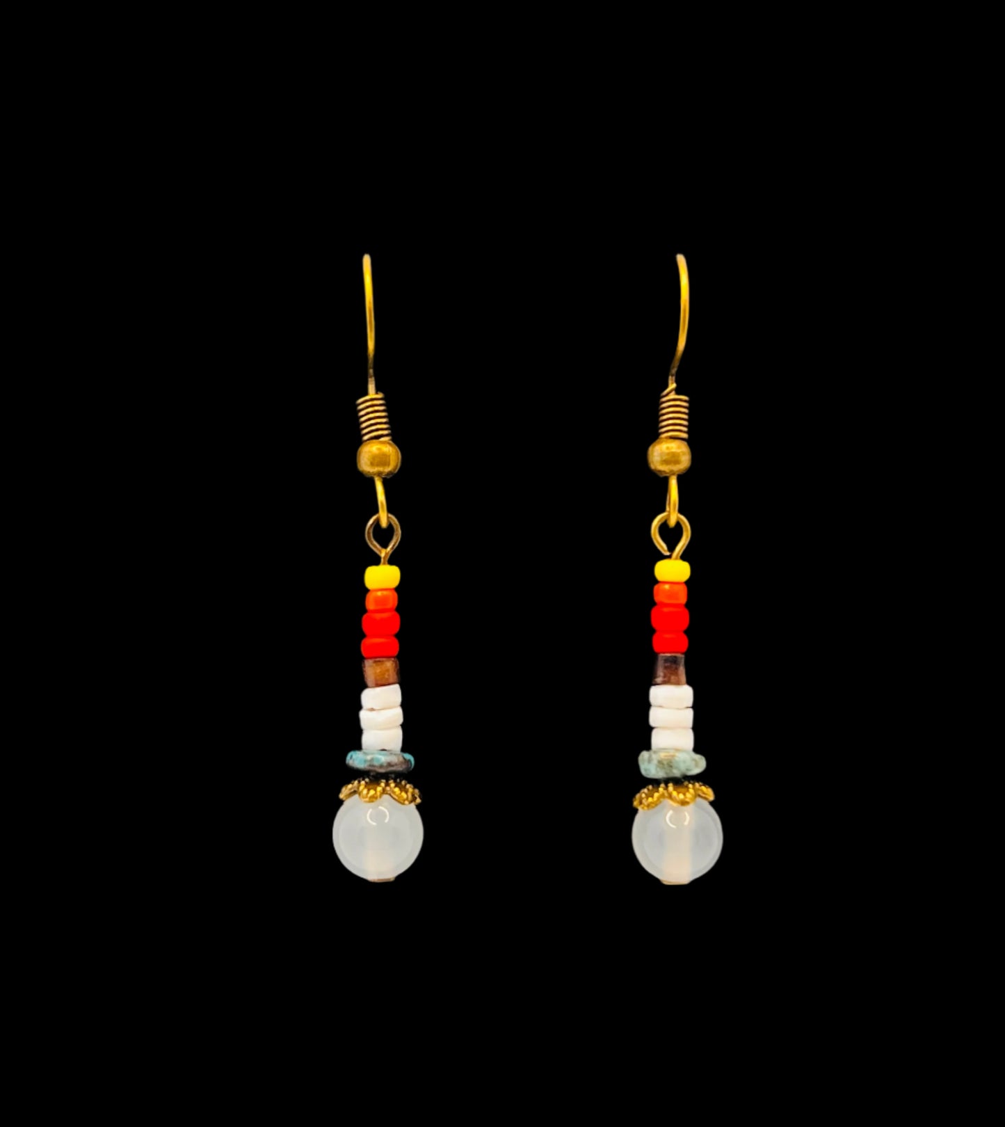 White Agate, Turquoise, White/Brown Heishi Shell & multicolored Beaded Earrings (Bronze)