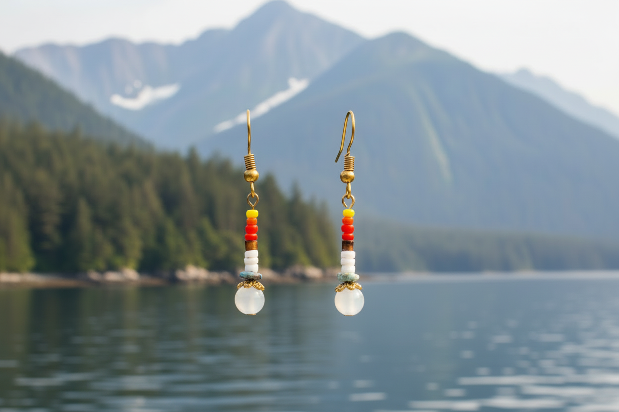 White Agate, Turquoise, White/Brown Heishi Shell & multicolored Beaded Earrings (Bronze)