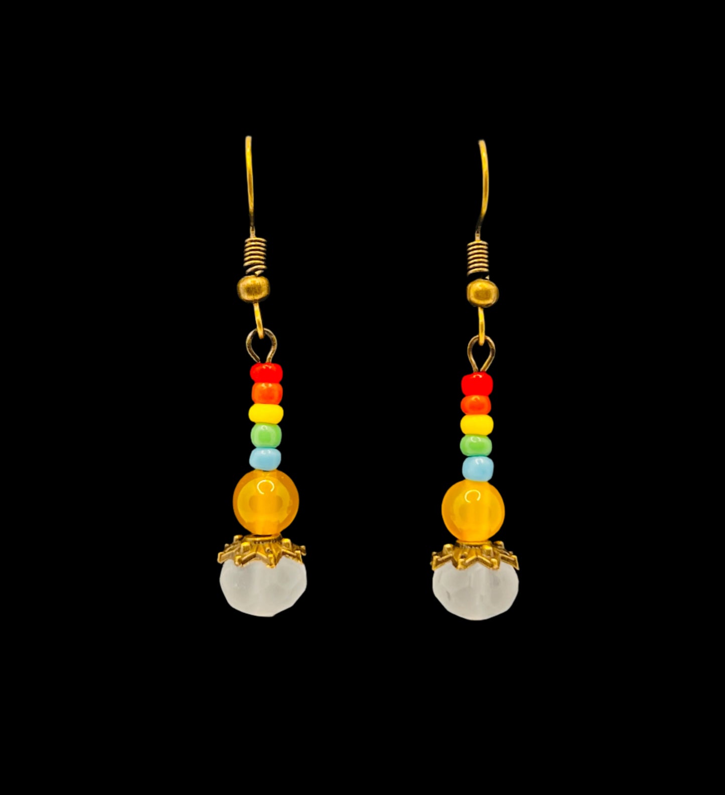 Yellow Agate, Frosted White & Multicolored Beaded Earrings (Bronze)