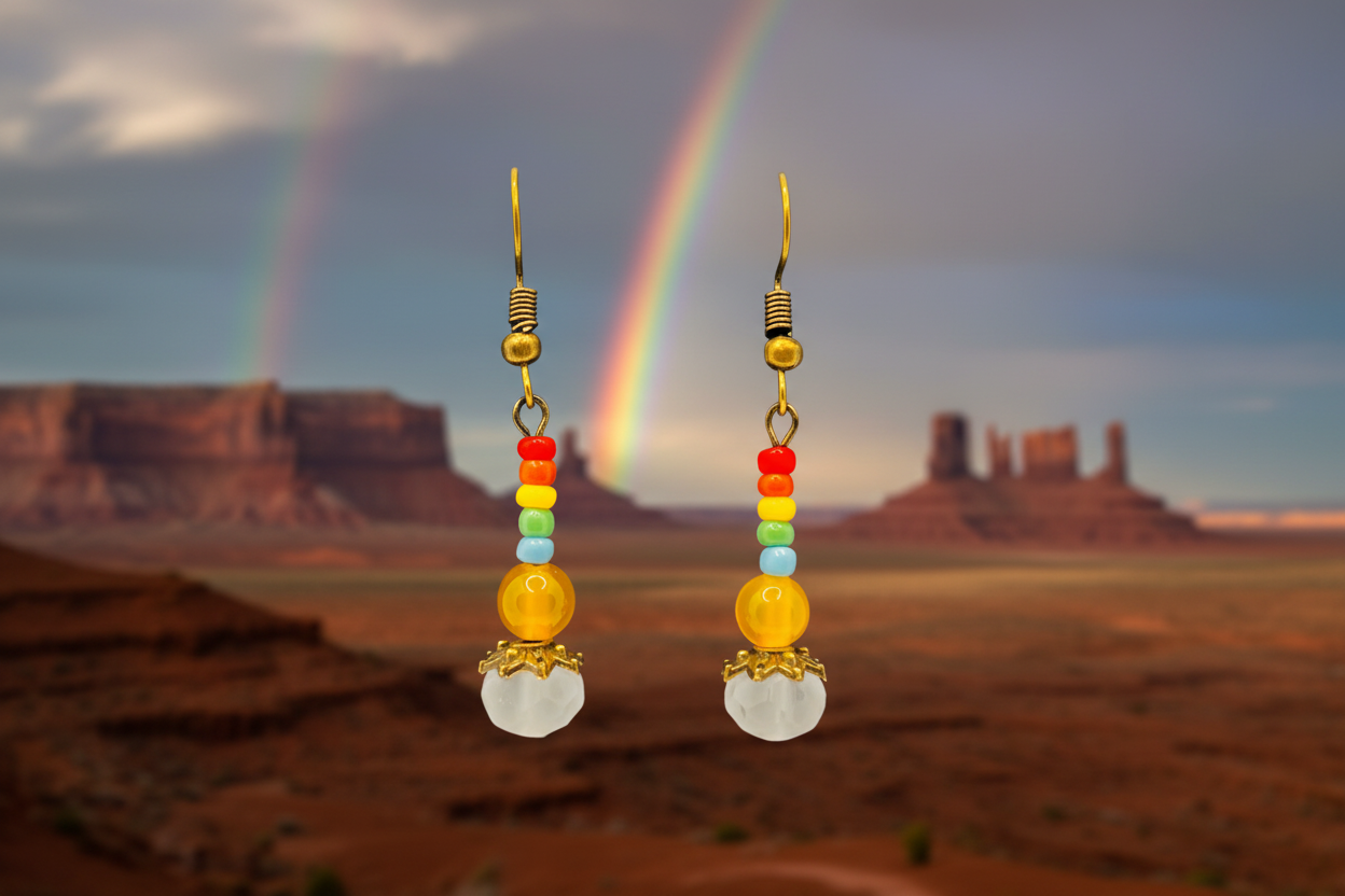 Yellow Agate, Frosted White & Multicolored Beaded Earrings (Bronze)