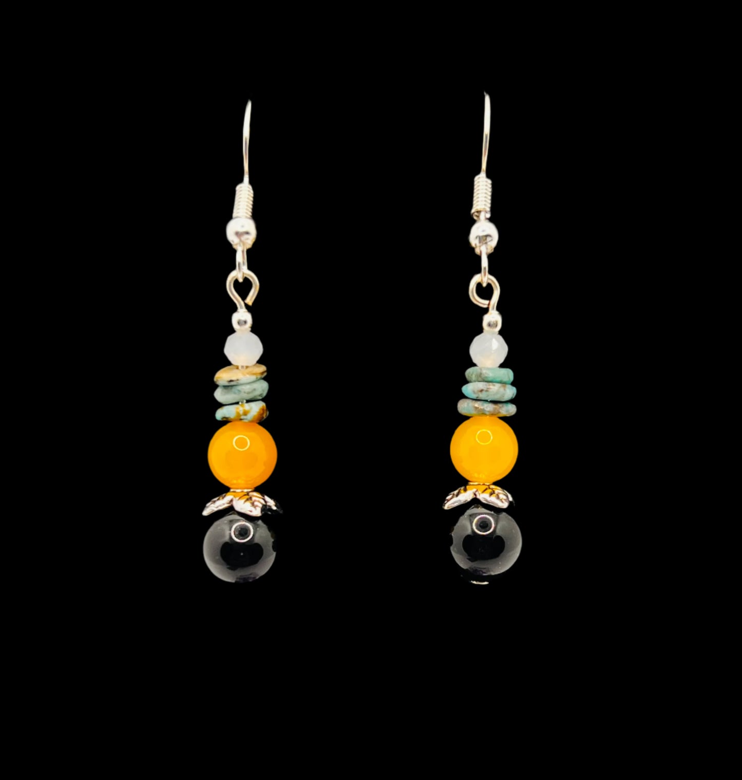 Yellow Agate, Onyx & Turquoise Beaded Earrings