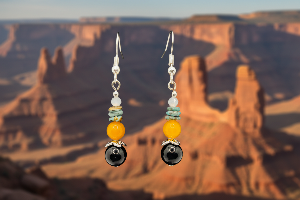 Yellow Agate, Onyx & Turquoise Beaded Earrings