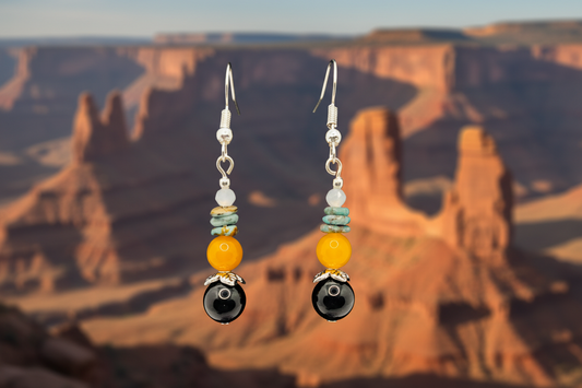 Yellow Agate, Onyx & Turquoise Beaded Earrings