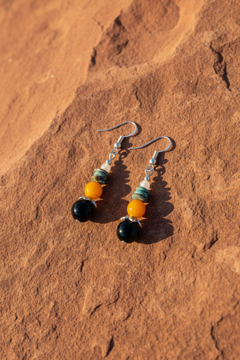 Yellow Agate, Onyx & Turquoise Beaded Earrings
