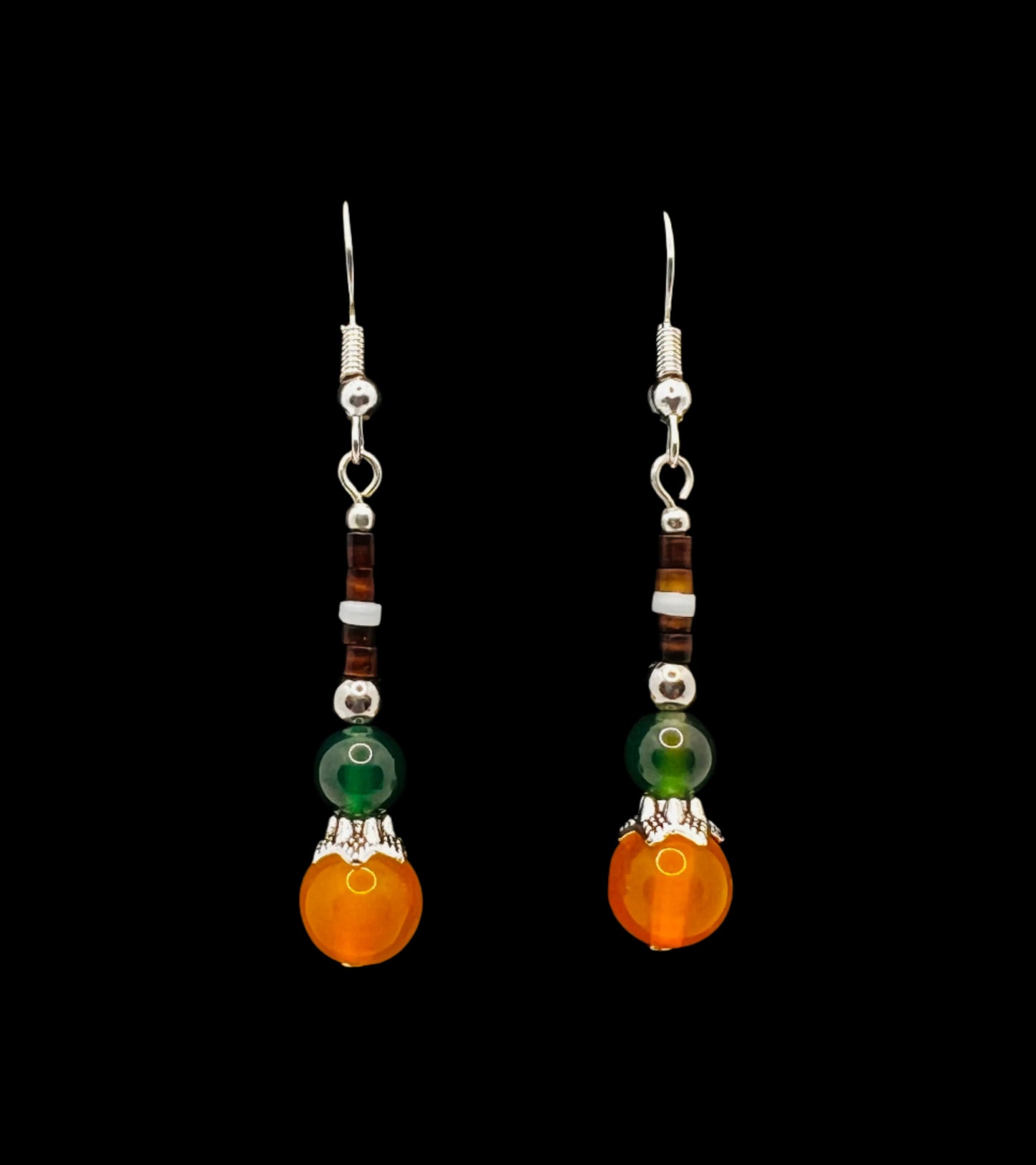 Orange Carnelian, Green Aventurine & Brown/White Heishi Shell Beaded Earrings