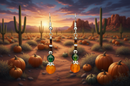 Orange Carnelian, Green Aventurine & Brown/White Heishi Shell Beaded Earrings