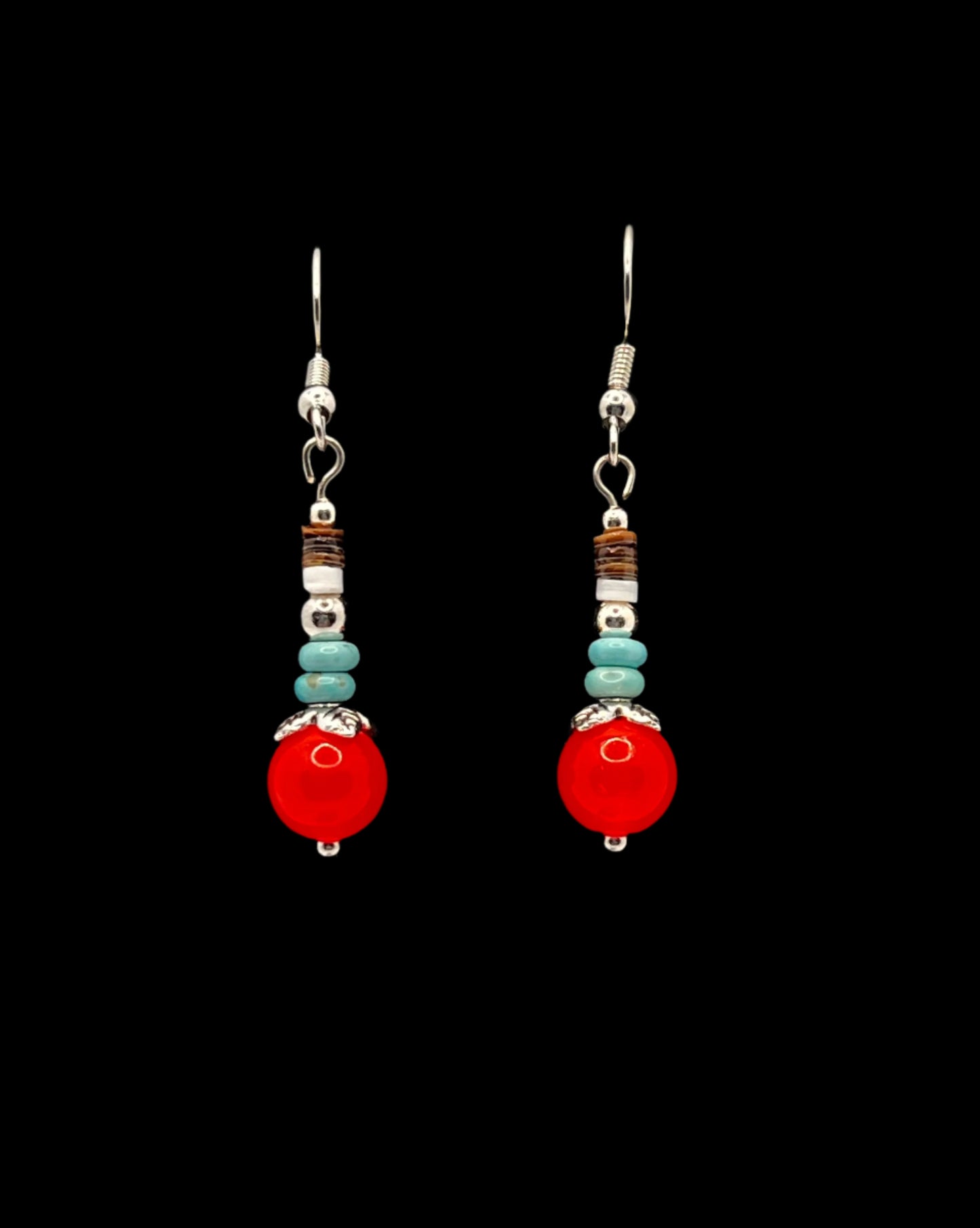 Turquoise, Brown/White Heishi Shell & Neon Orange Beaded Earrings