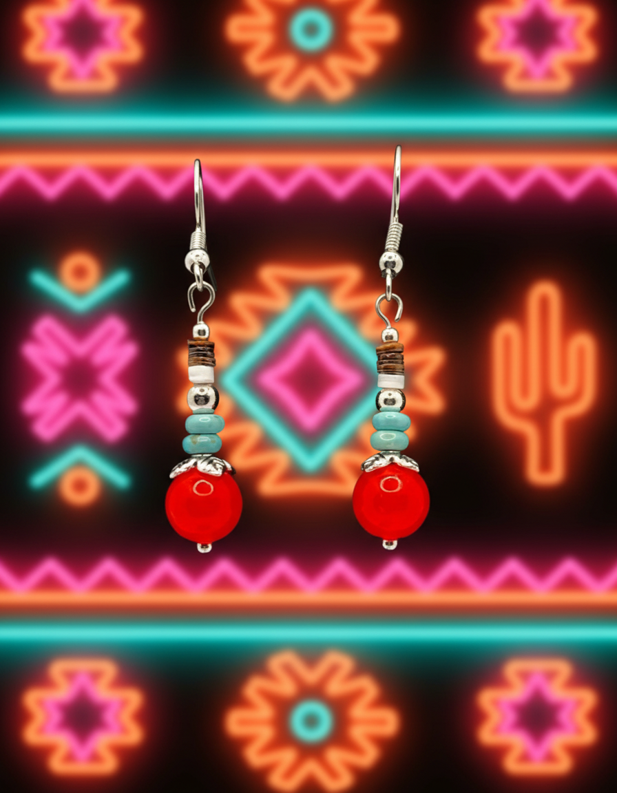 Turquoise, Brown/White Heishi Shell & Neon Orange Beaded Earrings
