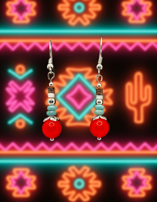 Turquoise, Brown/White Heishi Shell & Neon Orange Beaded Earrings