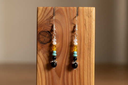 Turquoise, Yellow, black and White Beaded Earrings
