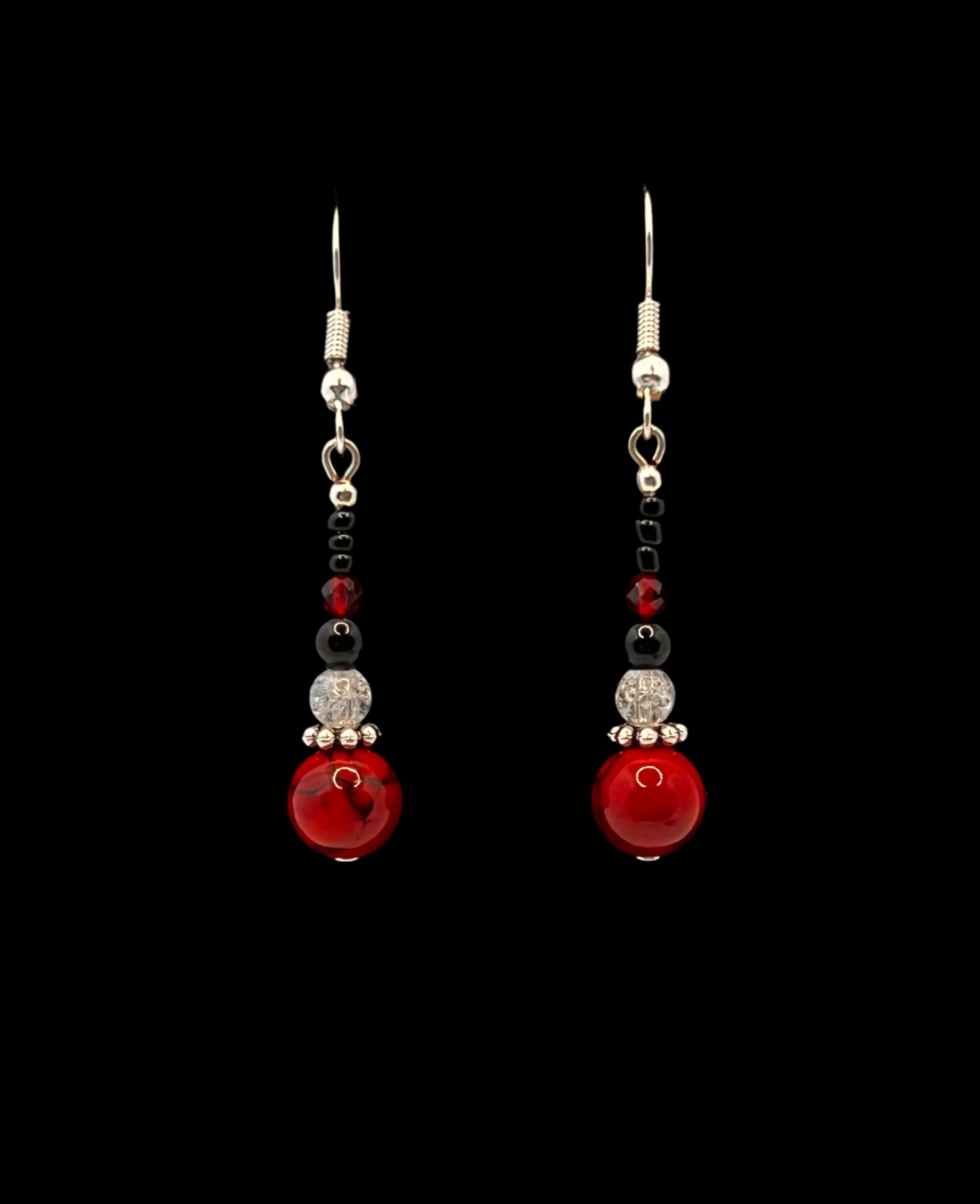Red, Black & Shattered Glass Dangle Earrings
