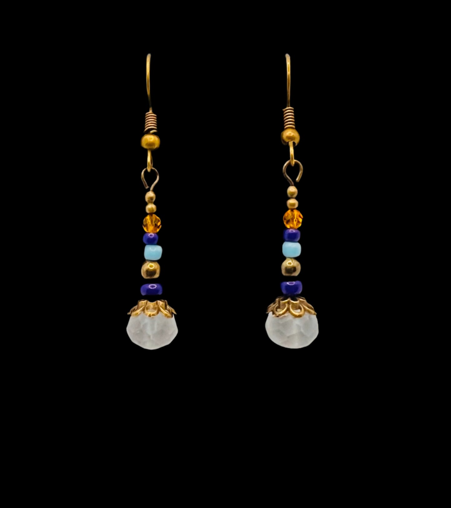 Frosted White, Topaz, Light & Dark Blue Beaded Earrings (Bronze)
