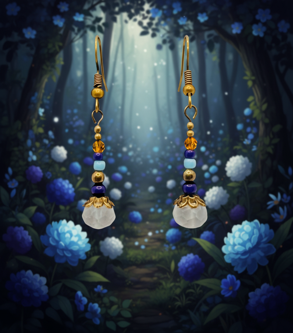 Frosted White, Topaz, Light & Dark Blue Beaded Earrings (Bronze)