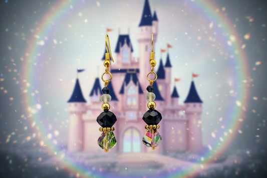Gold Dangle Earrings (Dark Blue, Crystal and Frosted White Beads)