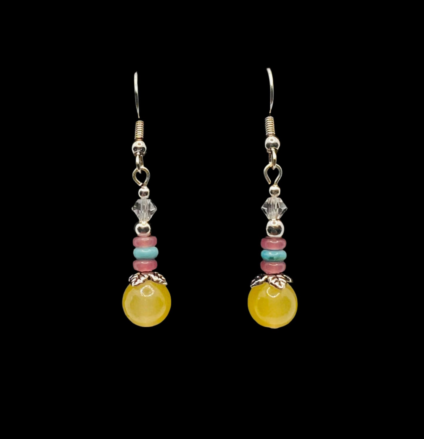 Turquoise, Pink Quartz and Yellow Bead Dangle Earrings