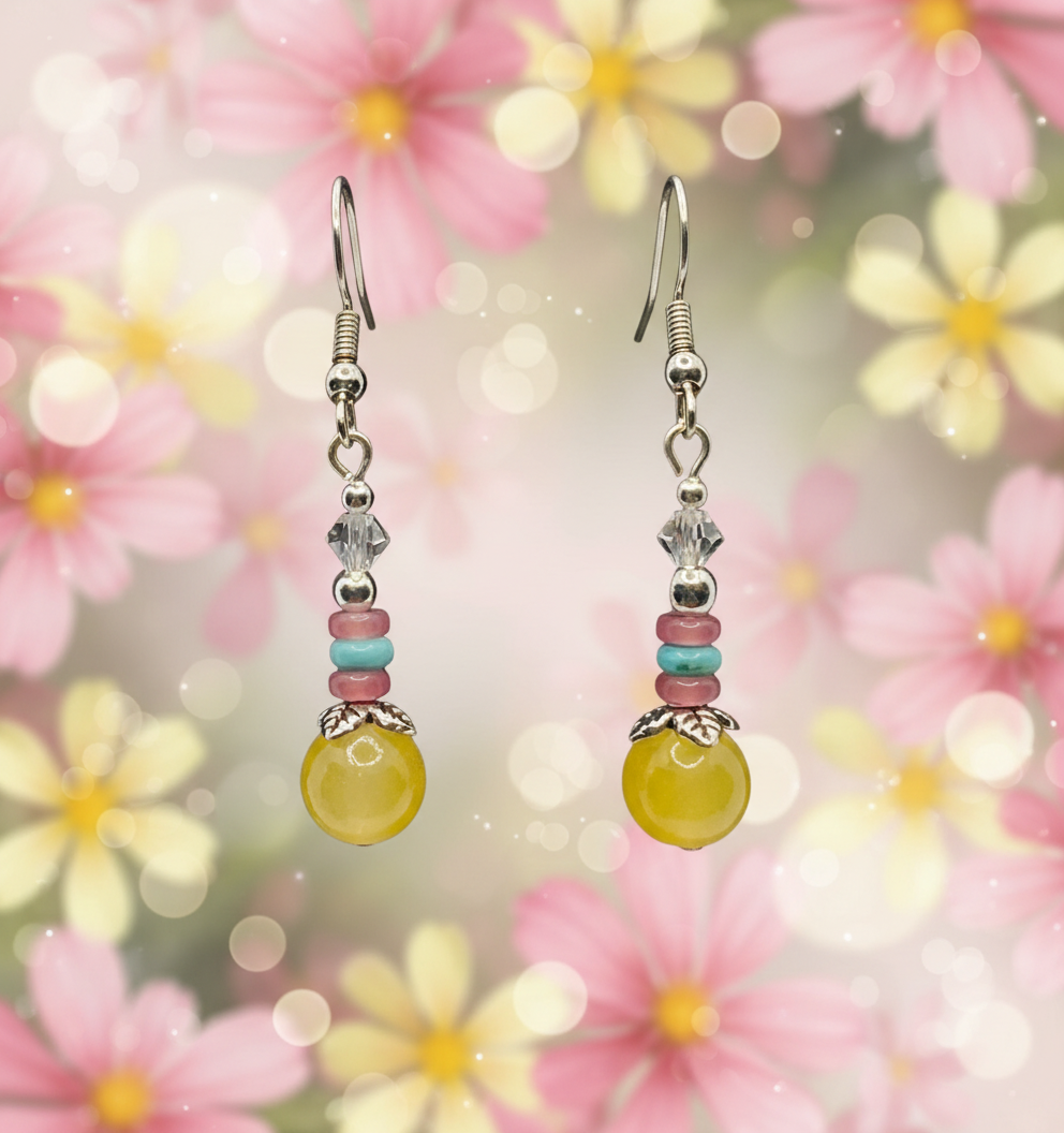 Turquoise, Pink Quartz and Yellow Bead Dangle Earrings