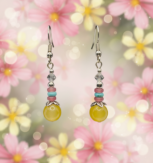 Turquoise, Pink Quartz and Yellow Bead Dangle Earrings