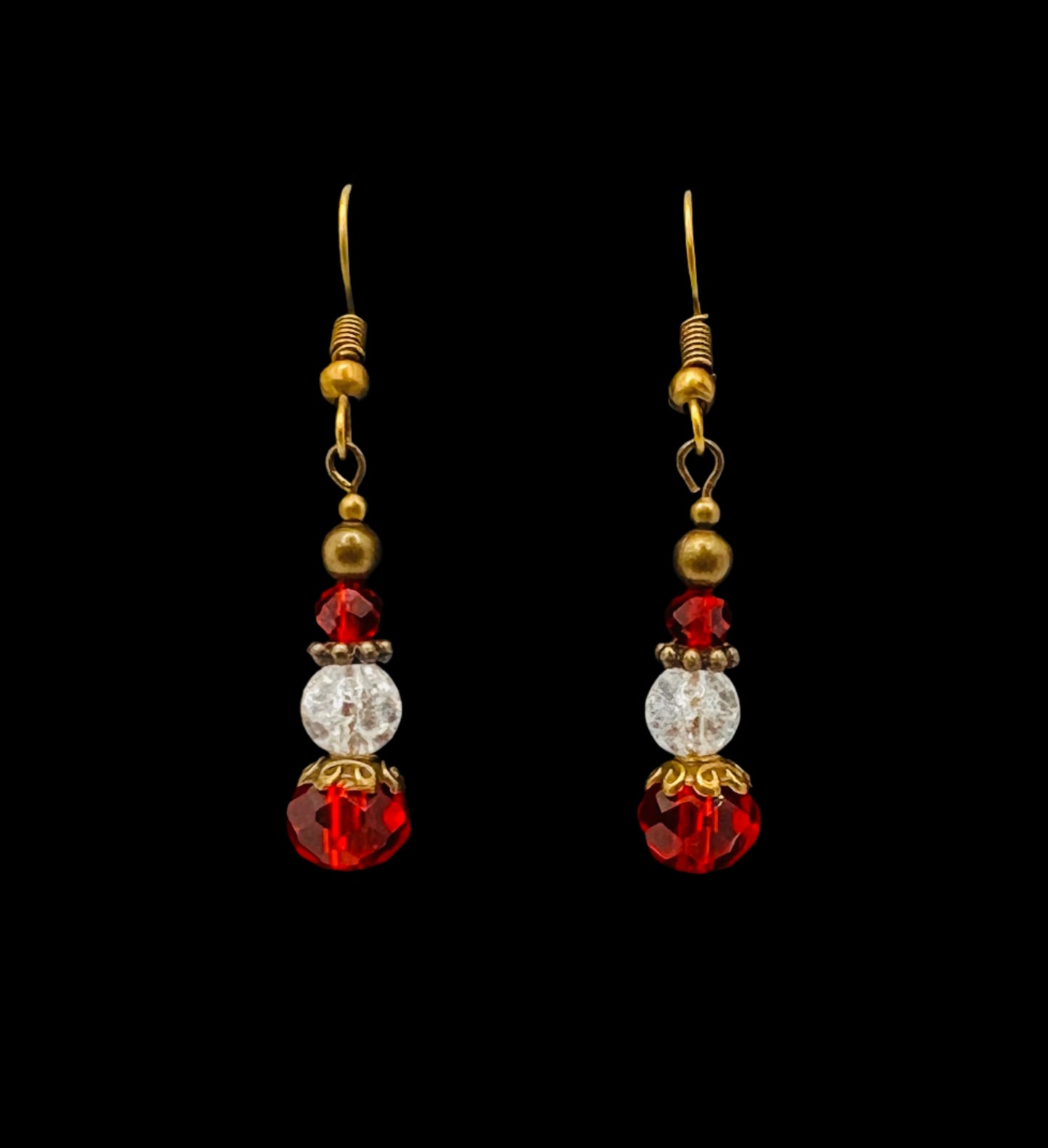 Bronze Dangle Red and Clear Shattered Glass Earrings