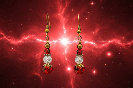 Bronze Dangle Red and Clear Shattered Glass Earrings