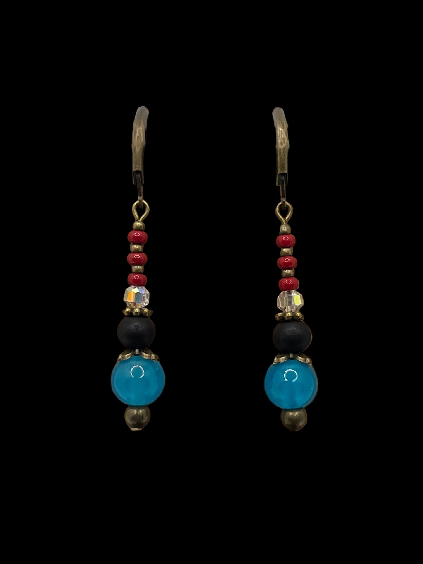 Aqua Ombre Glass, Coral and Black Lava Bead Earrings