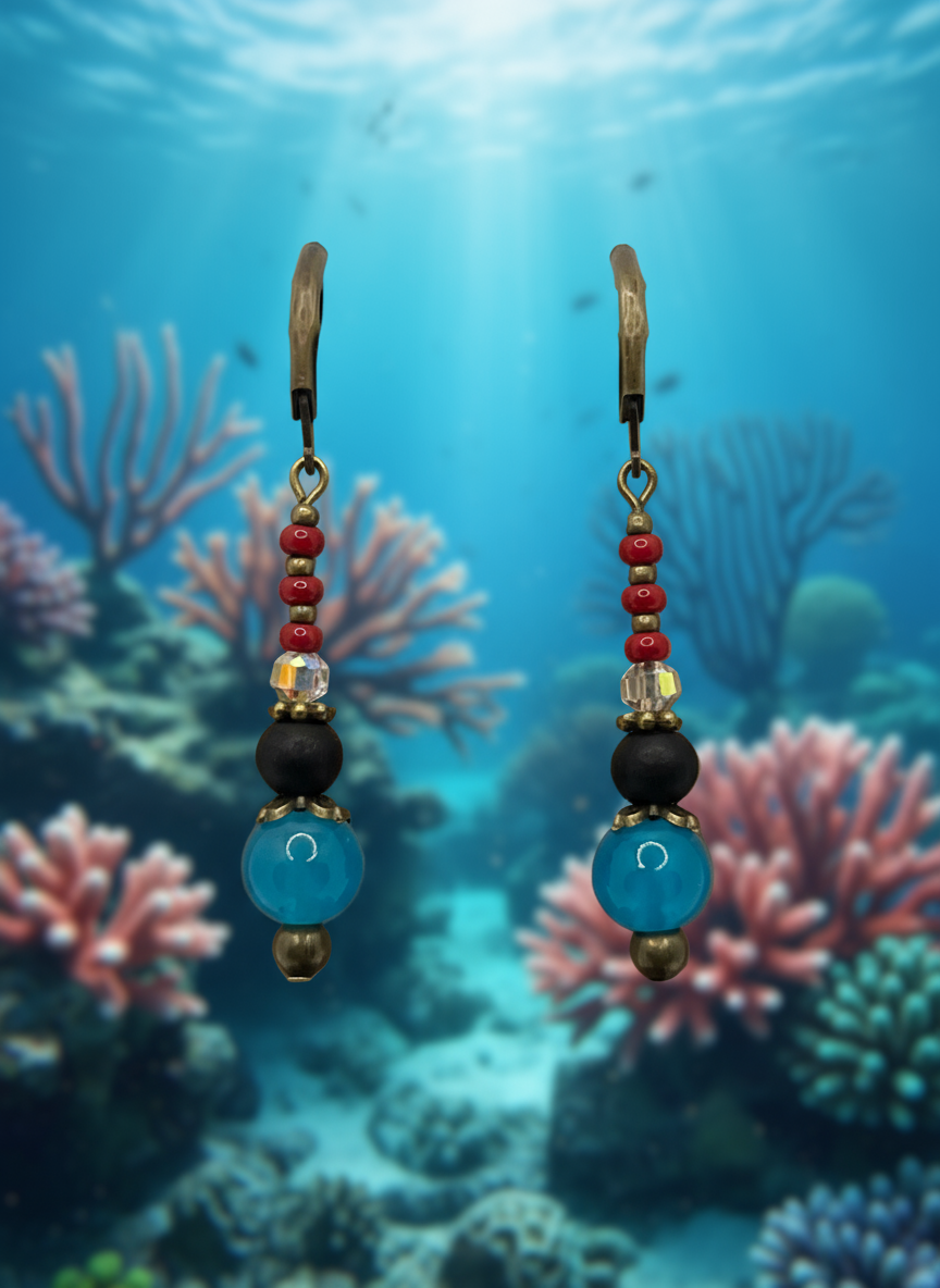 Aqua Ombre Glass, Coral and Black Lava Bead Earrings